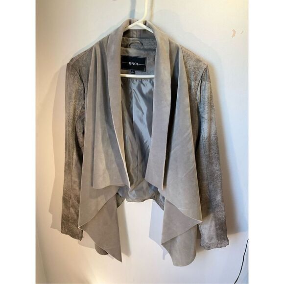BNCI Waterfall Open Cardigan Jacket. Small. Greyish/tan. Velour/faux sueded leat - Picture 2 of 11